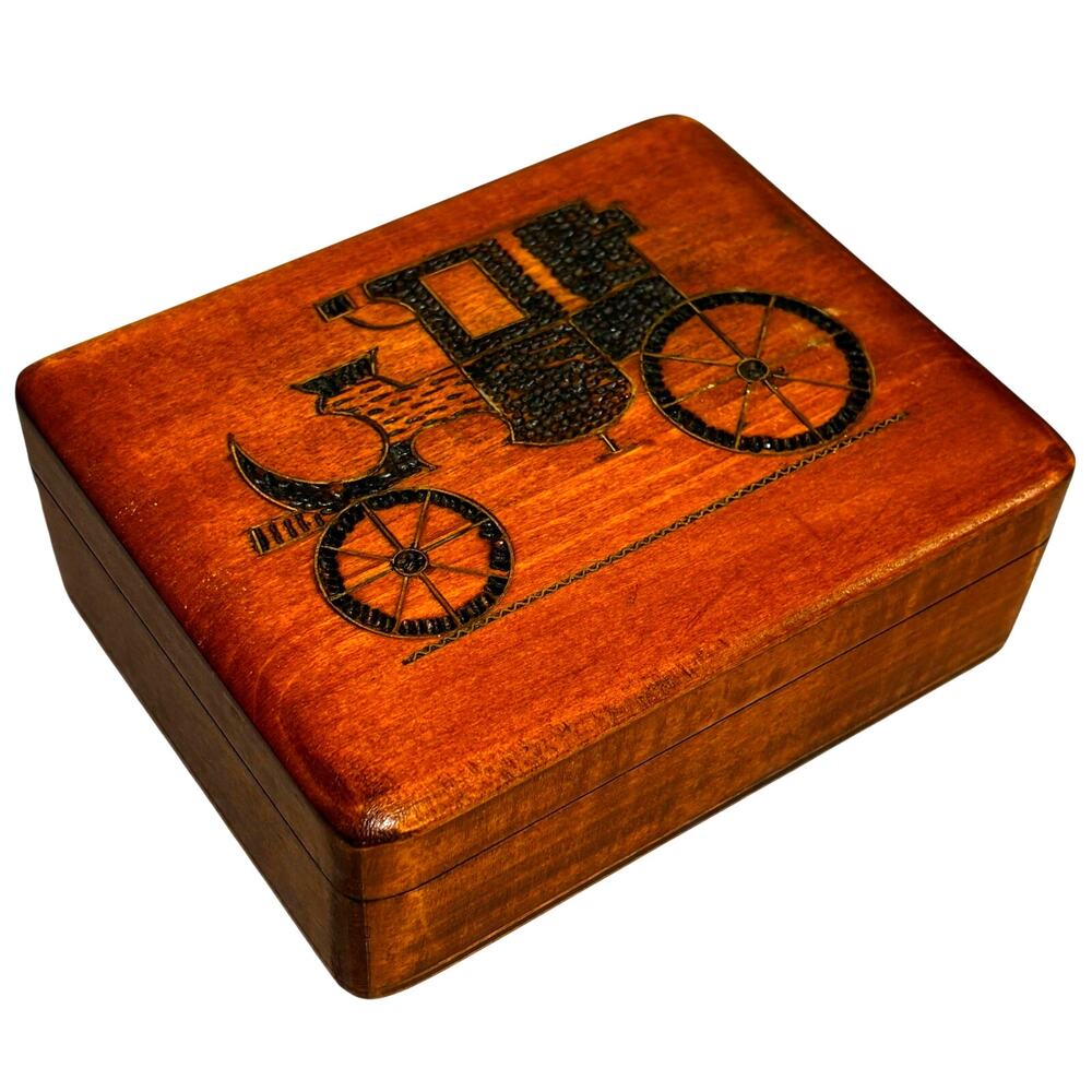 Vintage mid century carved wood trinket storage box brass inlay burnt stagecoach